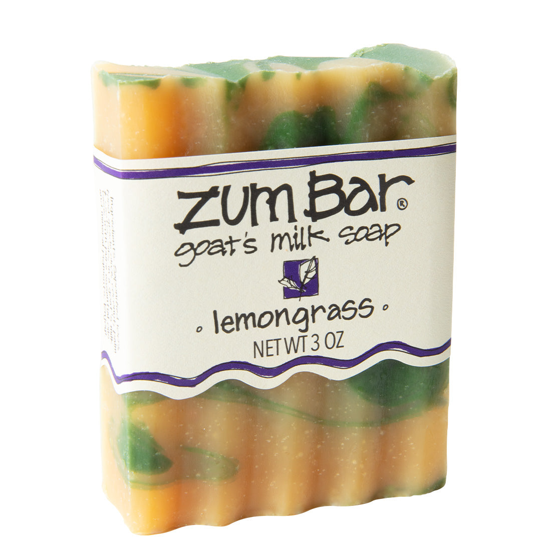 Labeled lemongrass cented Zum Bar Soap with yellow and green colored swirls.