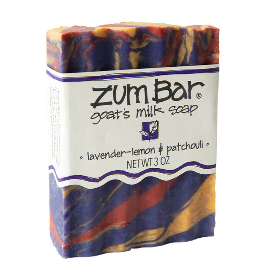 Labeled lavender-lemon and patchouli scented Zum Bar Soap with purple, yellow and red colored swirls.