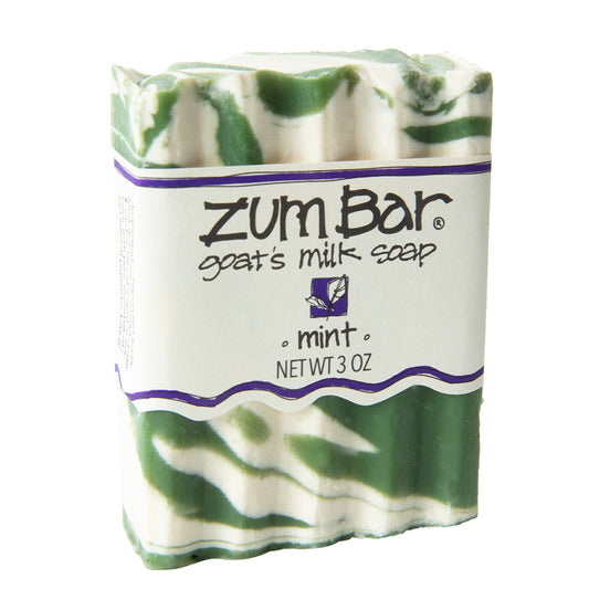 Labeled mint scented Zum Bar Soap with white and green colored swirls.