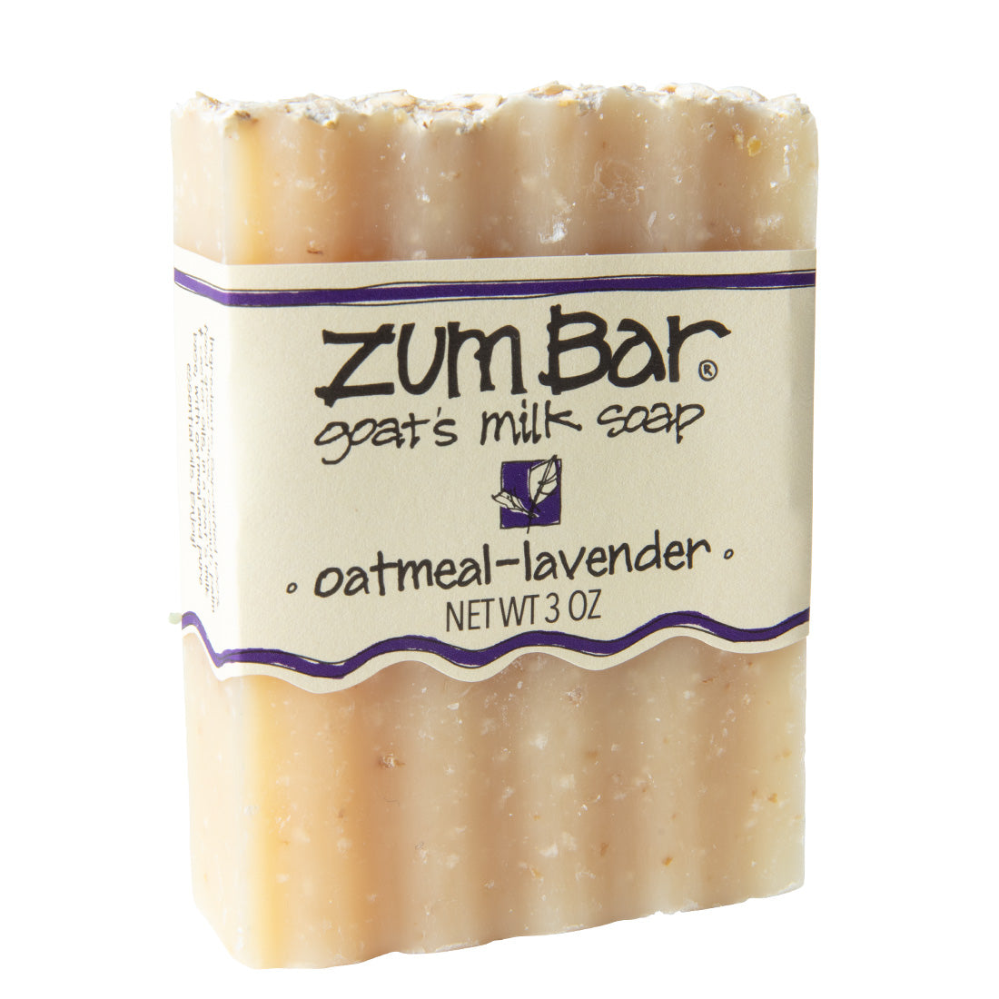 Labeled oatmeal-lavender Zum Bar Soap with cream coloring speckled with oatmeal.
