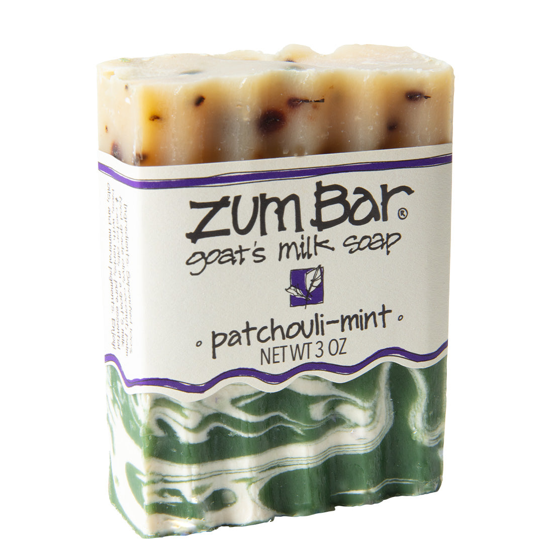 Labeled patchouli-mint scented Zum Bar Soap with white and green colored swirls and speckled brown coloring