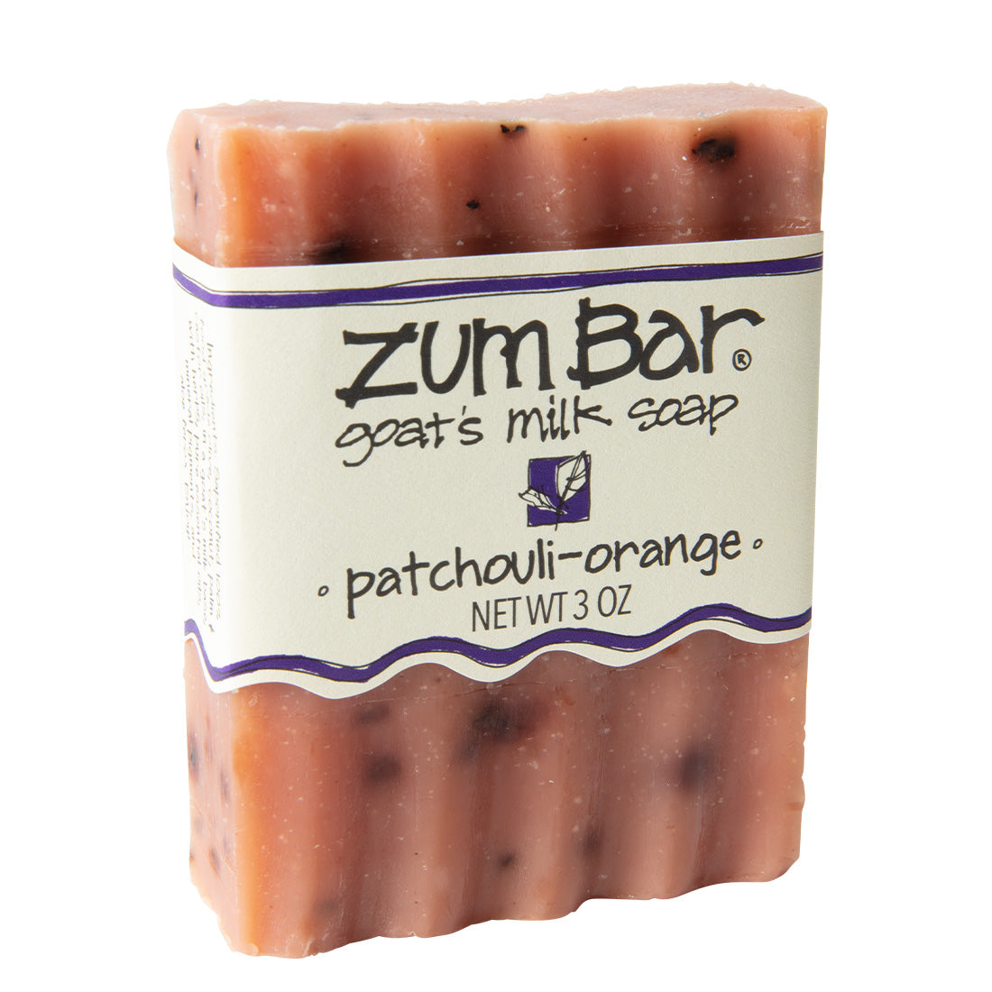 Labeled patchouli-orange scented Zum Bar Soap with speckled orange coloring