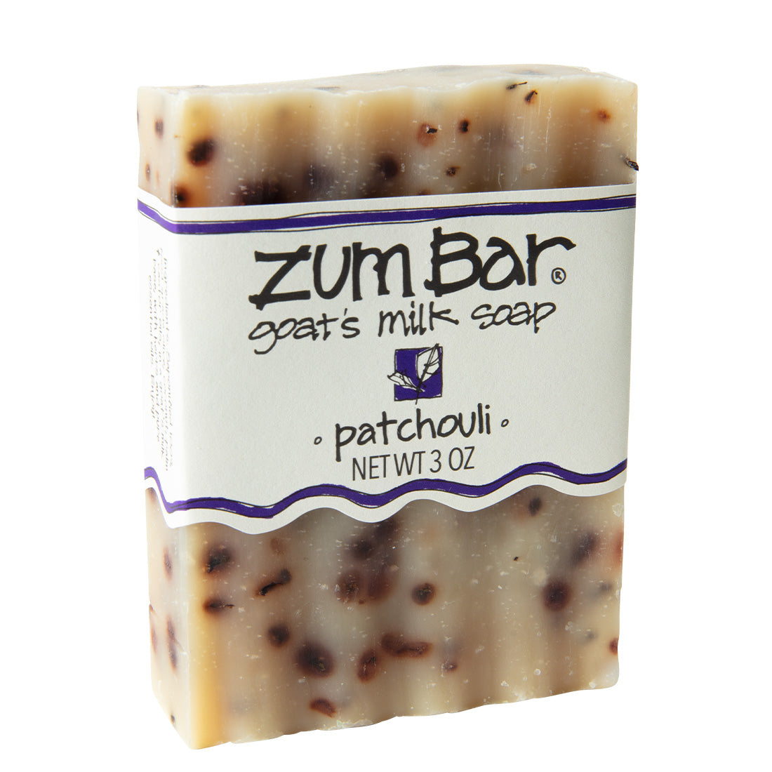 Labeled Patchouli scented Zum Bar Soap with brown speckled coloring