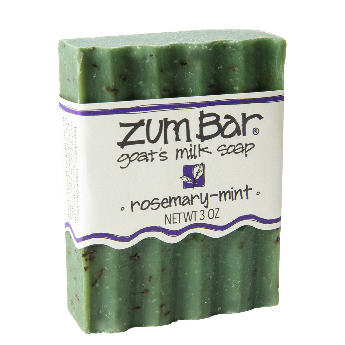 Labeled rosemary-mint scented Zum Bar Soap with speckled green coloring