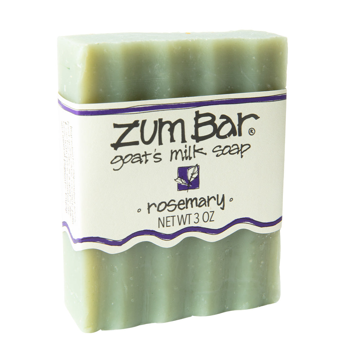 Labeled rosemary scented Zum Bar Soap with green coloring