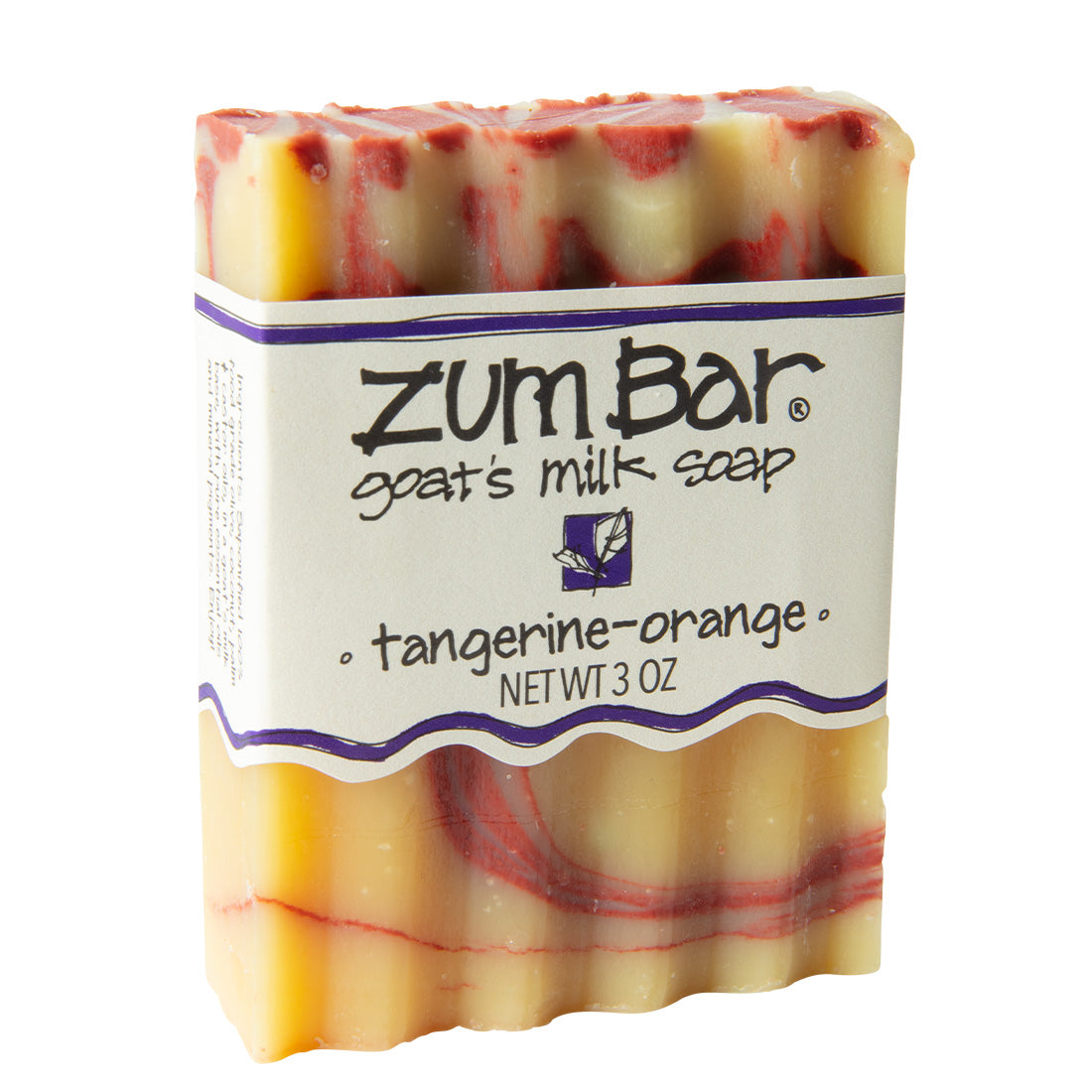 Labeled tangerine-orange scented Zum Bar Soap with yellow and red colored swirls