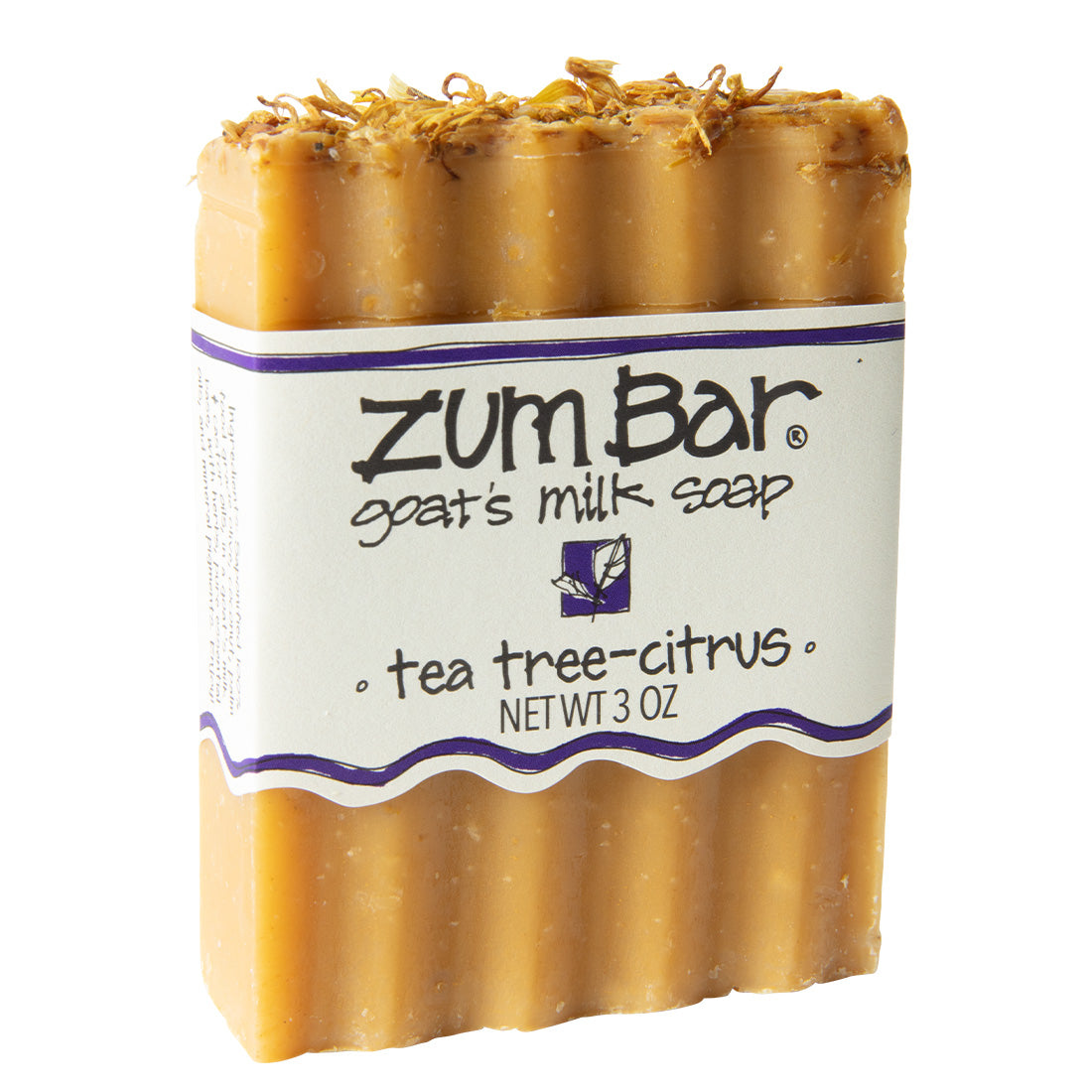 Labeled tea tree-citrus scented Zum Bar Soap with yellow coloring