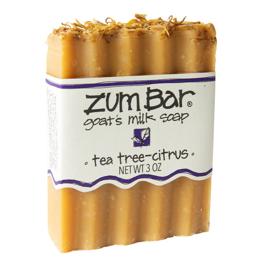 Labeled tea tree-citrus scented Zum Bar Soap with yellow coloring