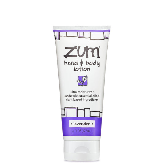 White squeeze tube with purple design containing lavender scented Zum hand and body lotion.