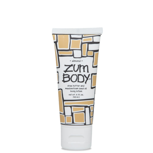 2 oz almond body lotion in white and cream tube.