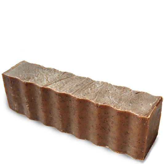 Coffee-infused brown wavy rectangular 45 ounce brick of clove-mint scented Zum Bar Soap