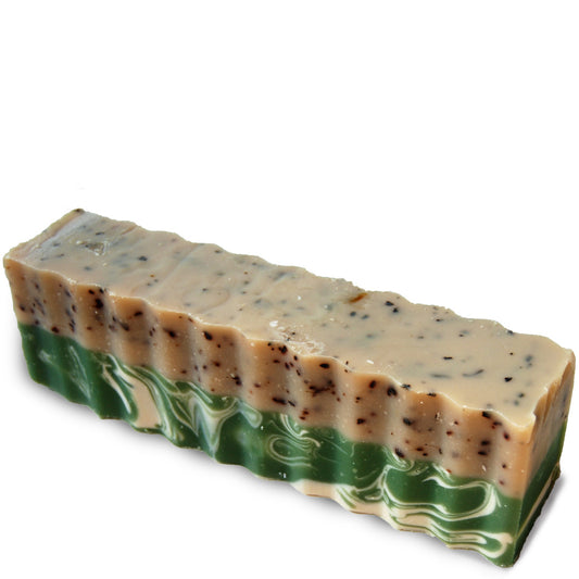 Two-tone speckled brown and green and white swirled colored wavy rectangular 45 ounce brick of patchouli and mint scented Zum Bar Soap