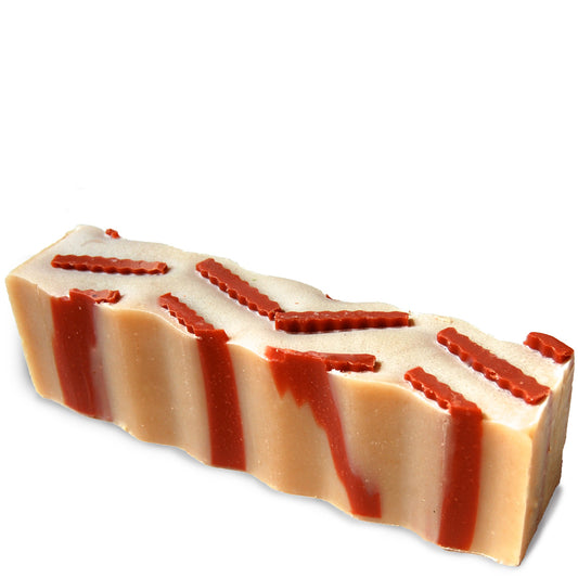 Two-tone cream and red colored wavy rectangular 45 ounce brick of sandalwood and citrus scented Zum Bar Soap