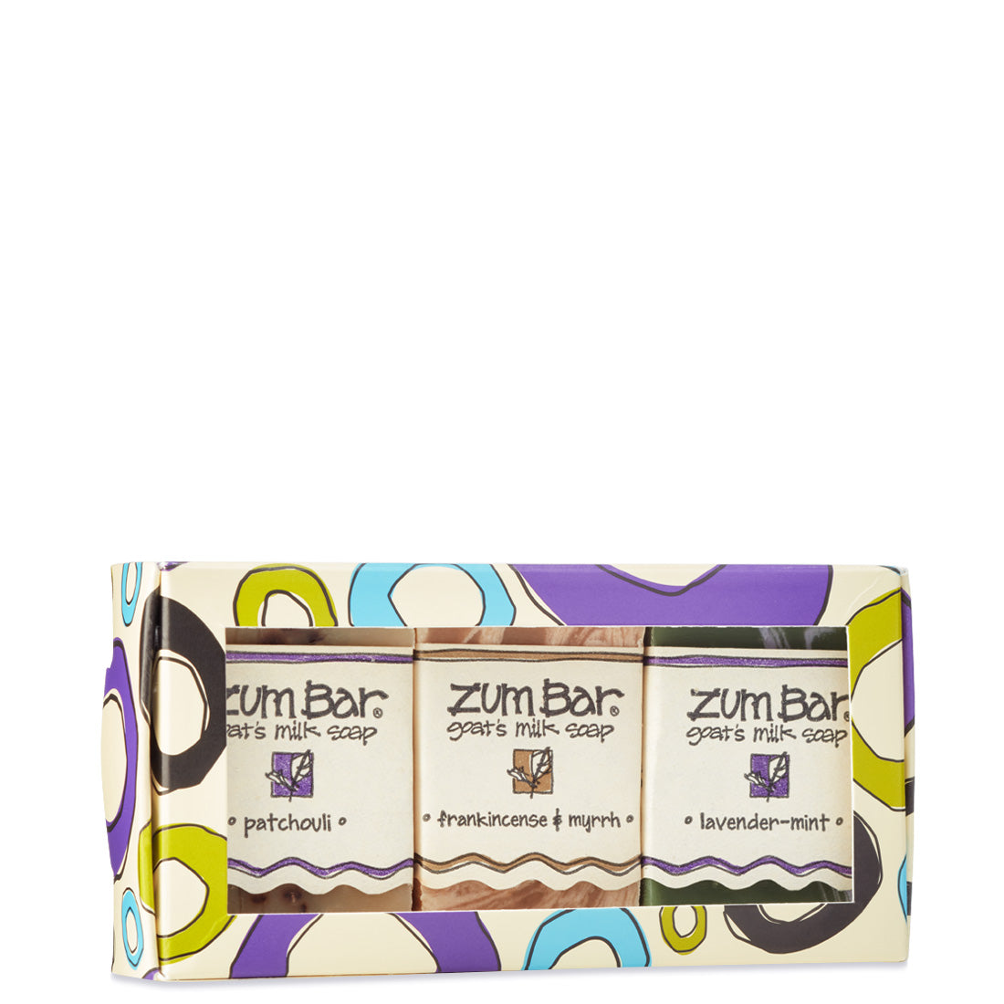small box with cutout revealing three mini Zum Bar Soaps