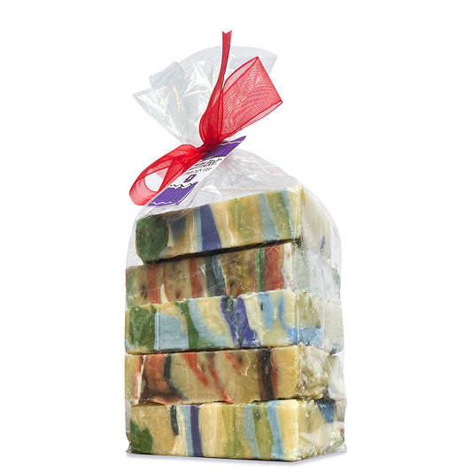 Clear bag tied with a bow that contains a pound of assorted colored and assorted scented Zum Bar Soap pieces