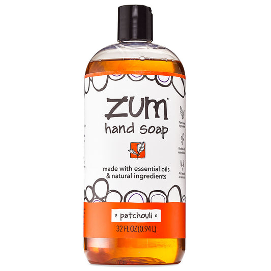 Large round bottle with pop top that contains patchouli scented liquid hand soap.