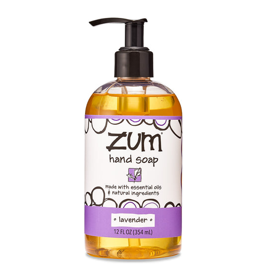 Round bottle with dispensing pump top that contains lavender scented liquid hand soap.
