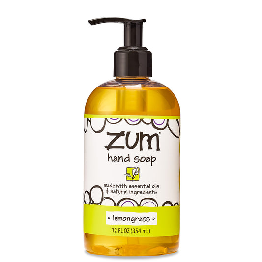 Round bottle with dispensing pump top that contains lemongrass scented liquid hand soap.