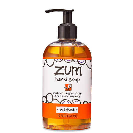 Round bottle with dispensing pump top that contains patchouli scented liquid hand soap.