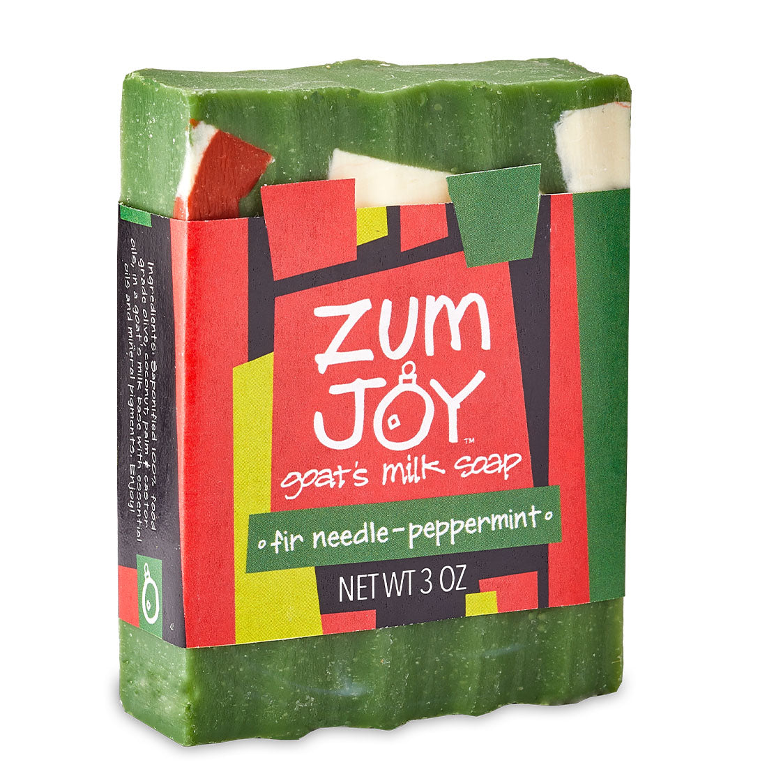 labeled holiday goat's milk soap bar. Green bar with red and white chunks.