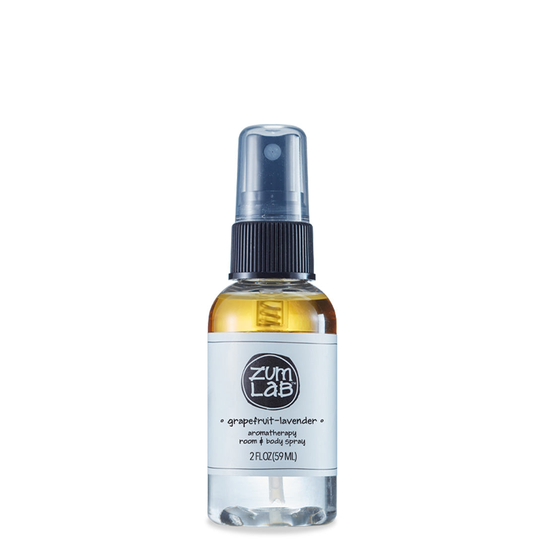 Clear round bottle with black sprayer containing grapefruit and lavender scented room and body mist