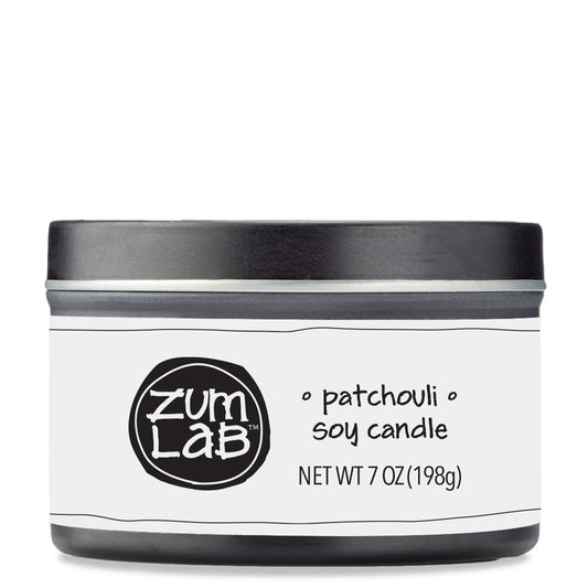 Side view 7 oz Patchouli Candle in a black tin with black and white label