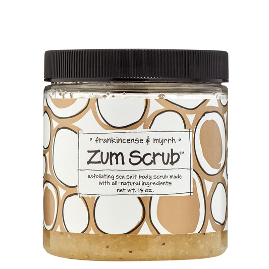 Labeled plastic jar with screw lid that contains frankincense and myrrh scented sea salt body scrub.