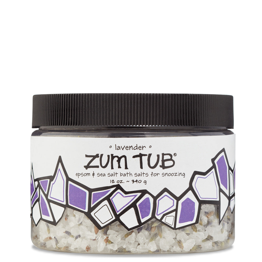 12 oz clear plastic jar with black lid filled with lavender bath salts