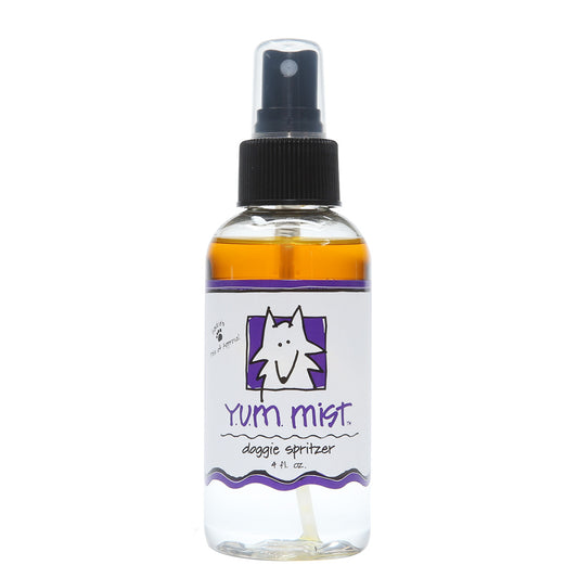 Clear round bottle with black sprayer containing lavender lemon and patchouli scented room and body mist